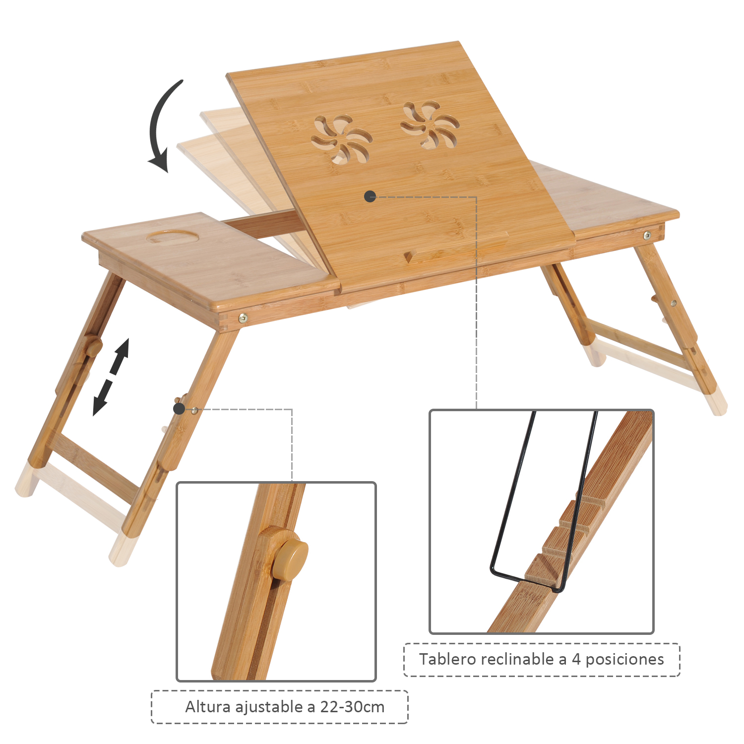 HOMCOM Laptop-Tisch aus Bambus, klappbares Betttablett, verstellbar, verstellbar