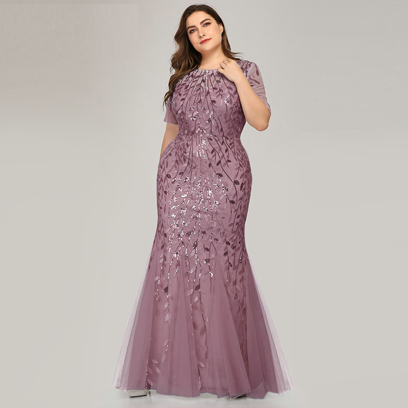 2023 Plus Size Sequin Mesh Mermaid Slim Evening Dress Beaded Leaves Pattern Formal Women Elegant Party Prom Gowns Short Sleeve