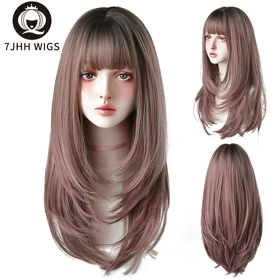 Pelucas sintéticas 7JHH, pelo largo liso rosa y marrón, pelucas ombré negras teñidas con flequillo para mujer, pelucas resistentes al calor a la moda