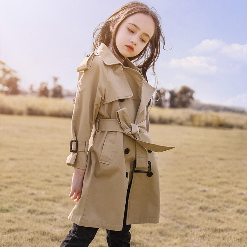 Trench lungo per ragazze adolescenti da 4-13 anni Giacca a vento stile Inghilterra di nuova moda per ragazze Primavera Autunno Abbigliamento per bambini