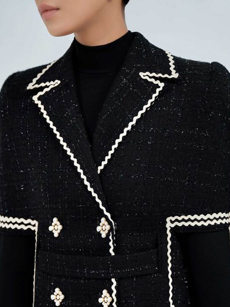sastre store Invierno negro con recorte blanco tweed elegante capa y falda prendas de vestir de invierno únicas