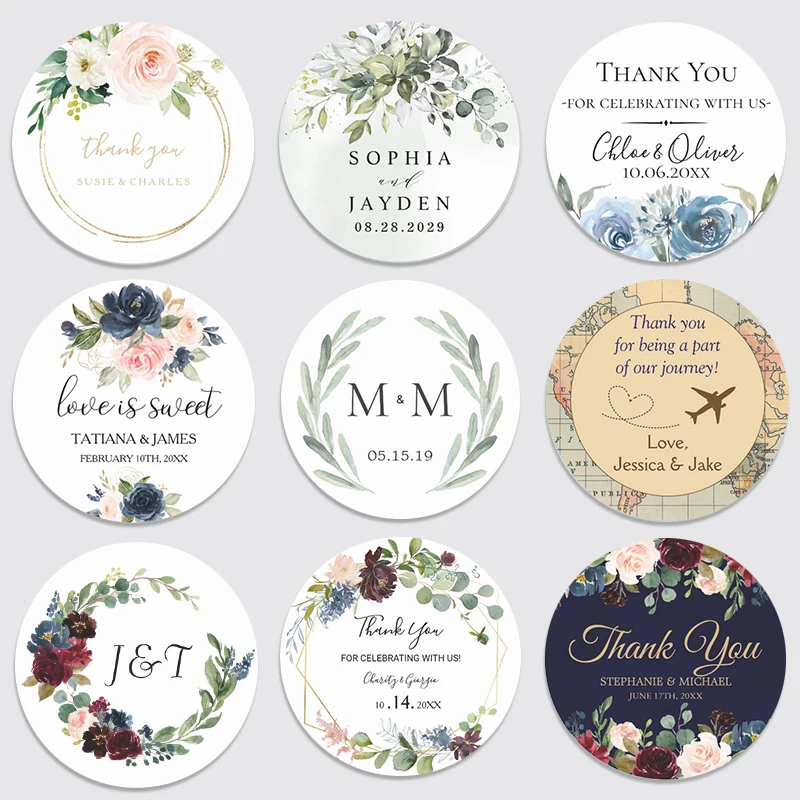Etiquetas adhesivas circulares redondas personalizadas, impermeables, 1,5 ~ 3 pulgadas, pegatinas de agradecimiento con fecha y nombre personalizado para recuerdos de fiesta de despedida de soltera