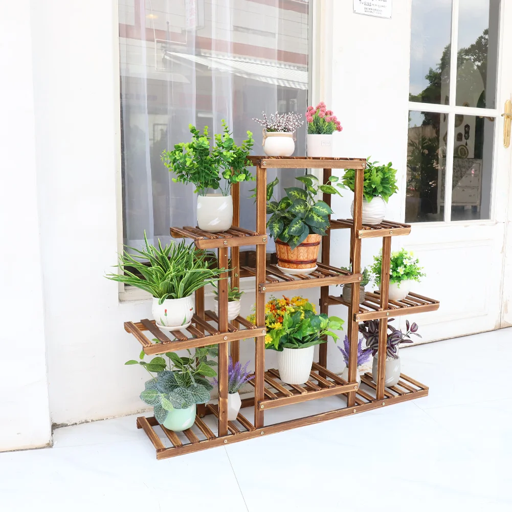 Espositore per fiori in legno carbonizzato a 9 livelli con supporto per piante a più livelli per interni
