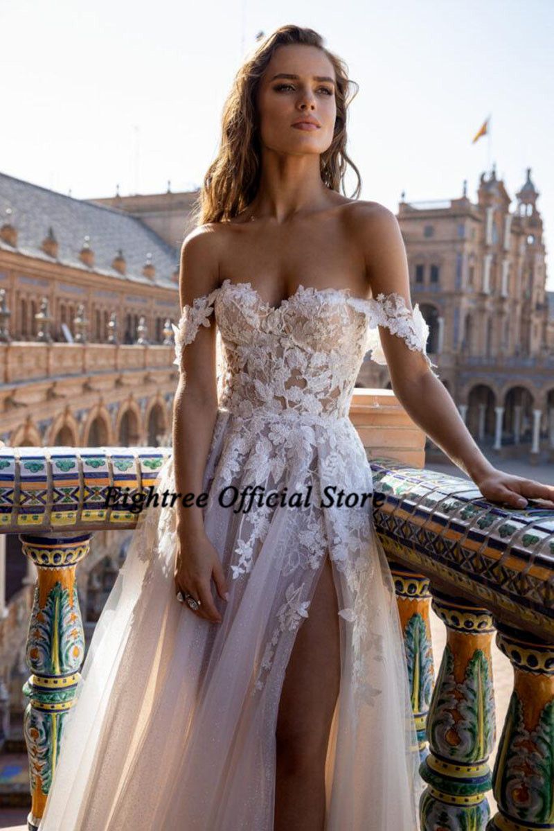 Eightree Church Abito da sposa sexy champagne con spalle scoperte Abiti da sposa estivi da spiaggia Abiti da sposa in pizzo diviso 2025 personalizzati