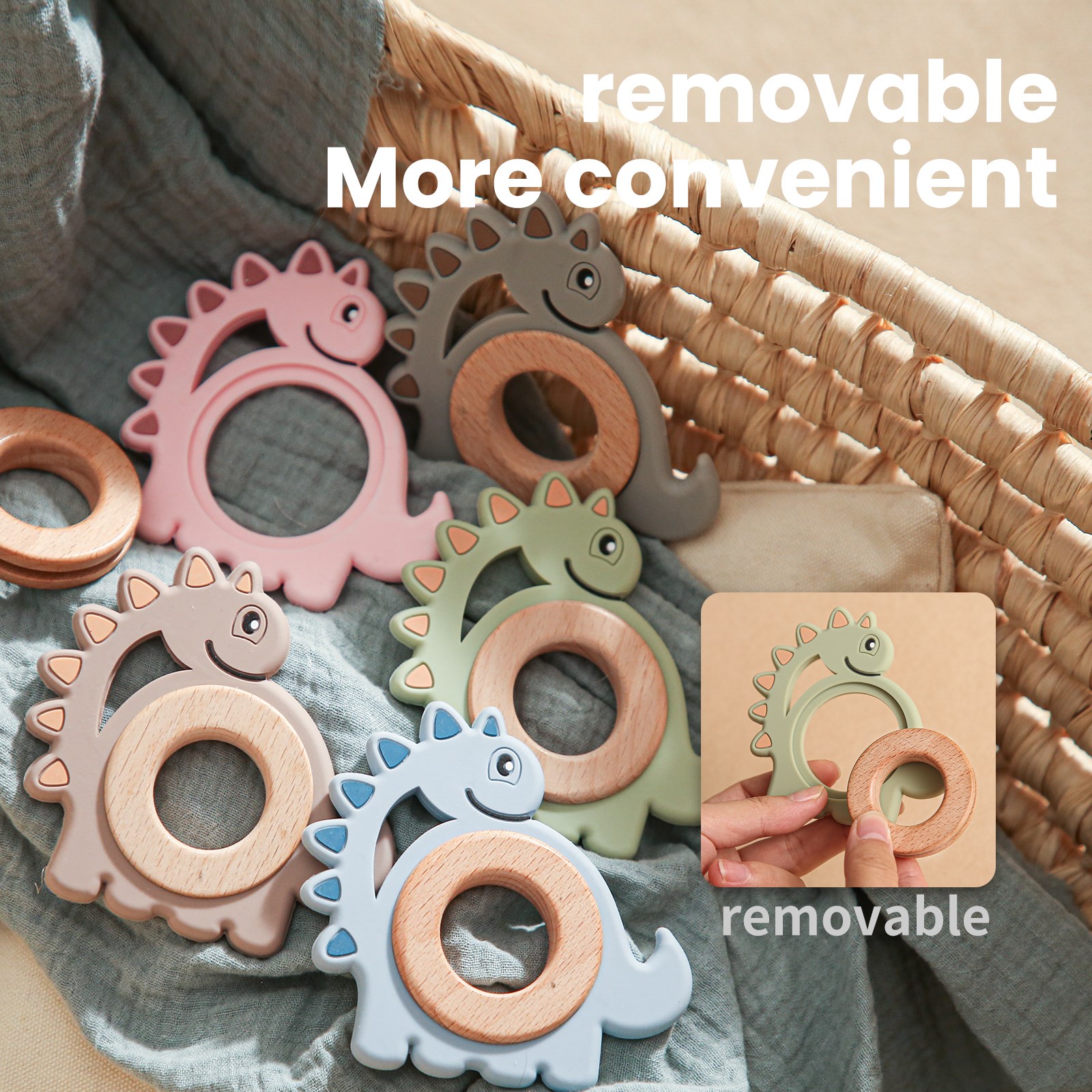 Let's Make ไดโนเสาร์ซิลิโคนแหวนไม้ Teether สัตว์น่ารักพยาบาลจี้อุปกรณ์เสริม Teething ของเล่น Chew ของเล่น Teether สําหรับฟัน