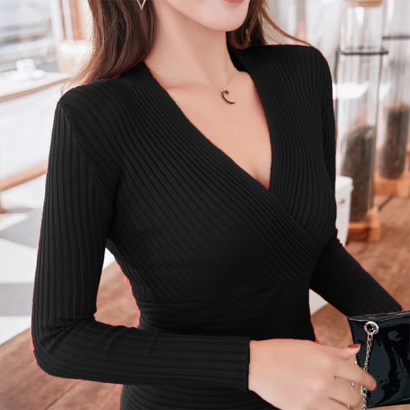 Suéteres básicos cortos para mujer, suéter Sexy con cuello de pico profundo, suéteres de fondo ajustado, Tops de algodón elásticos para mujer 2023