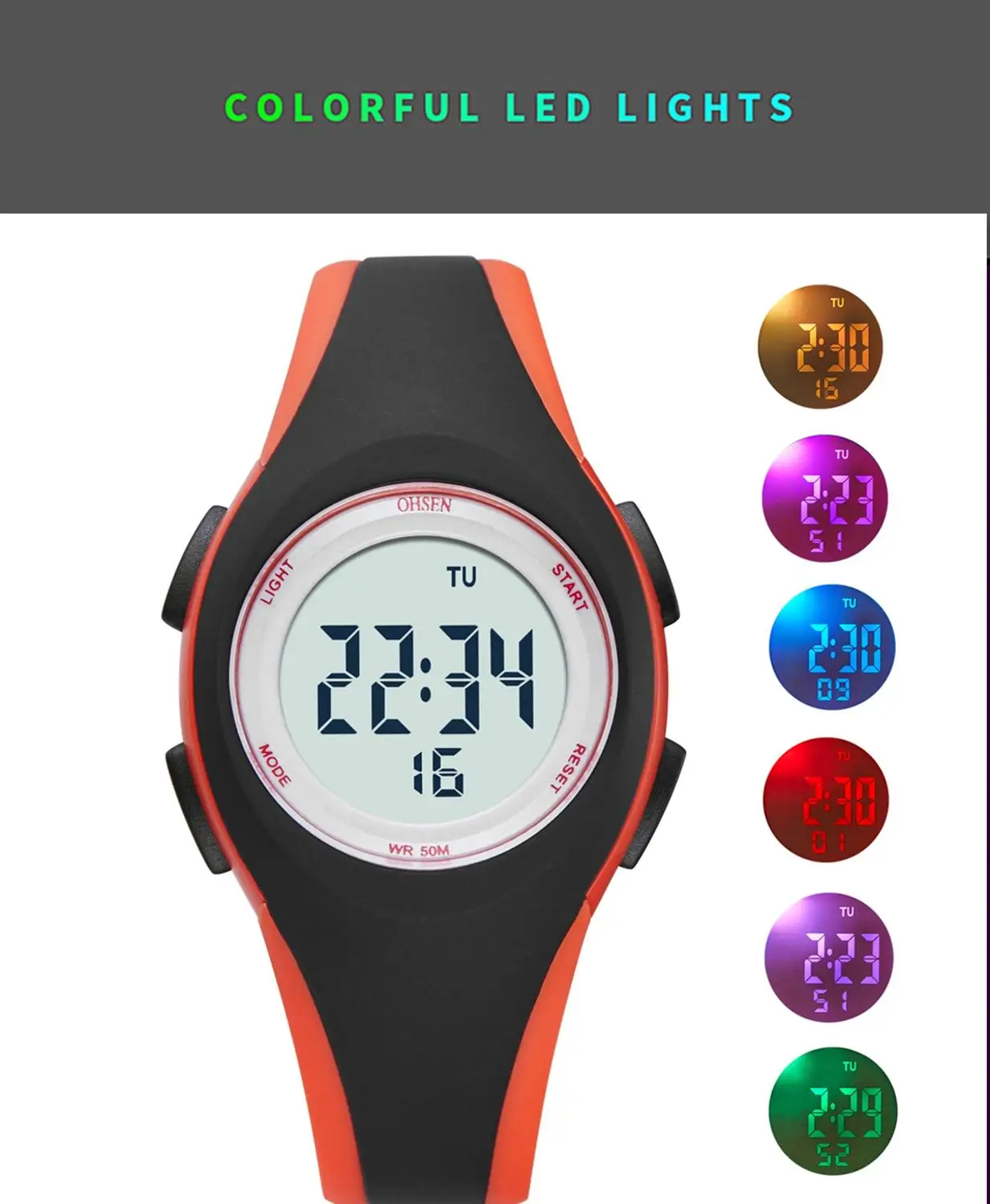 Relojes deportivos para niños OHSEN, reloj de pulsera electrónico de silicona azul resistente al agua hasta 50M, cronómetro, reloj Digital para niños y niñas