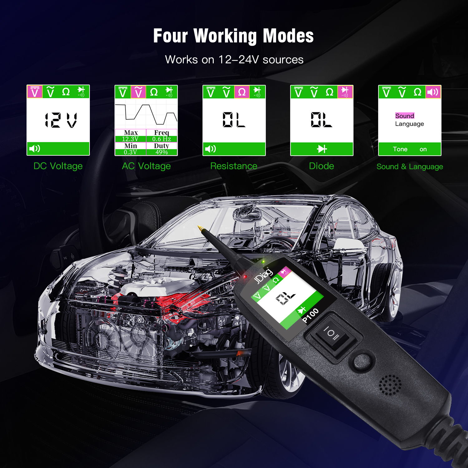 JDiag P100 Kit de sonda de circuito de energía automotriz probador de circuito Detector de voltaje de coche sistema eléctrico 12V 24V herramienta de diagnóstico de coche