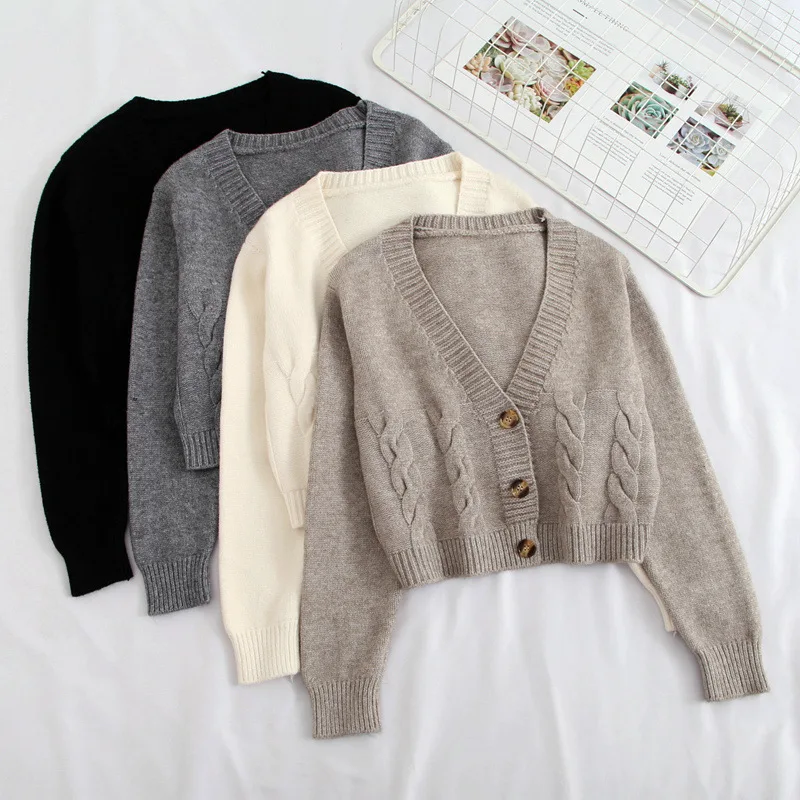 Kurzer Stil, hoch taillierter, schlanker Kunststoffpullover für Damen, Frühjahr 2023, neue einreihige Strickjacke, kleine Twist-Jacke