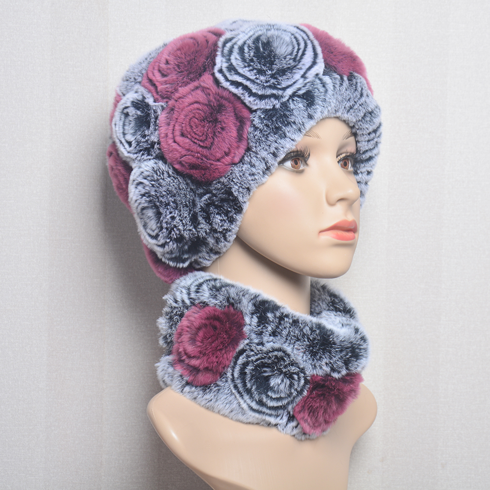 Gorro de piel de conejo Rex Natural para mujer, traje de bufanda de alta calidad, 100% piel auténtica, moda de invierno