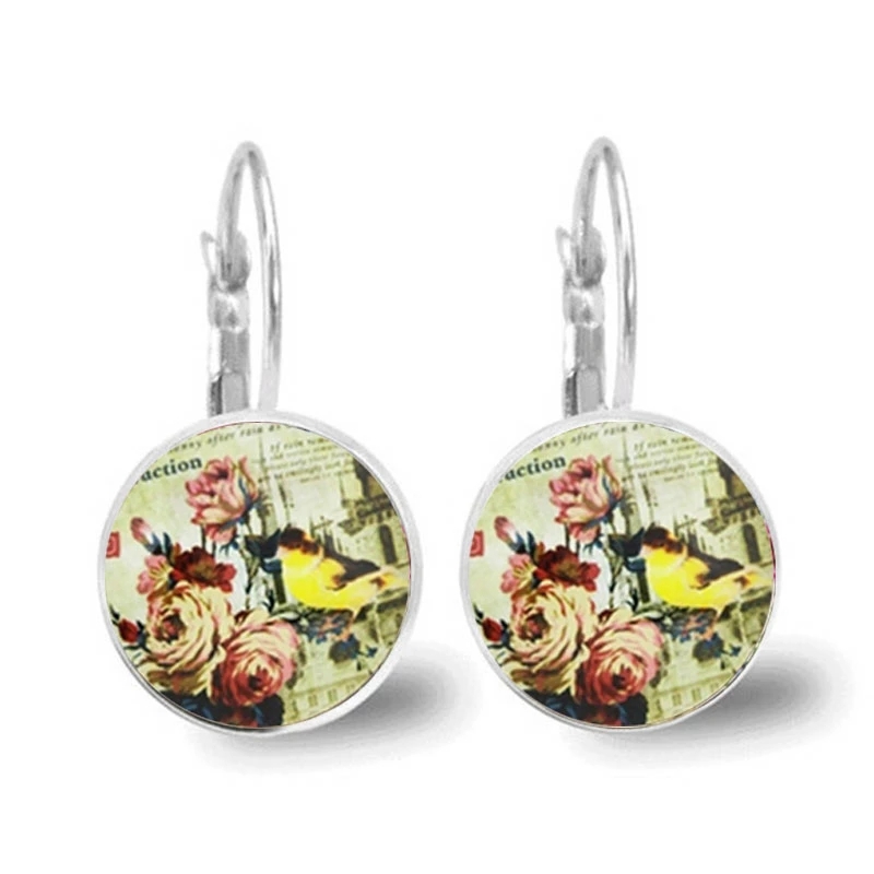 Anting Mawar Baru Perhiasan Wanita Anting Foto Buatan Tangan Kaca Bulat Retro Mawar Indah