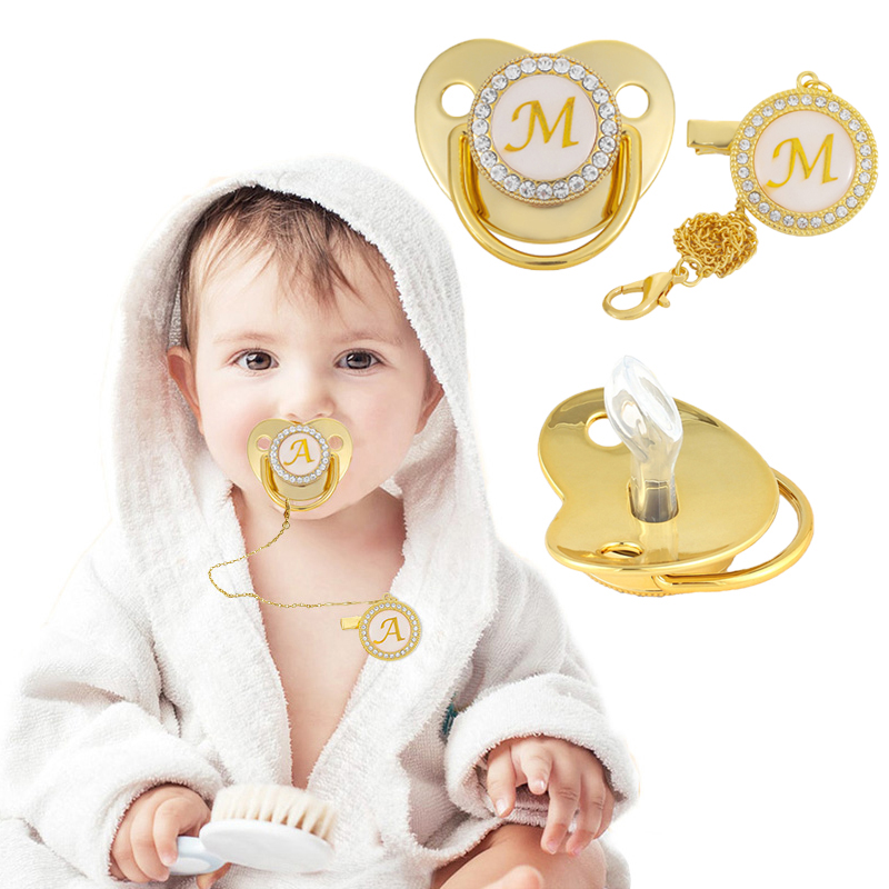 Nome letra inicial bebê chupeta clipes luxo ouro bling bpa livre silicone chupeta strass infantil mamilo recém-nascido manequim