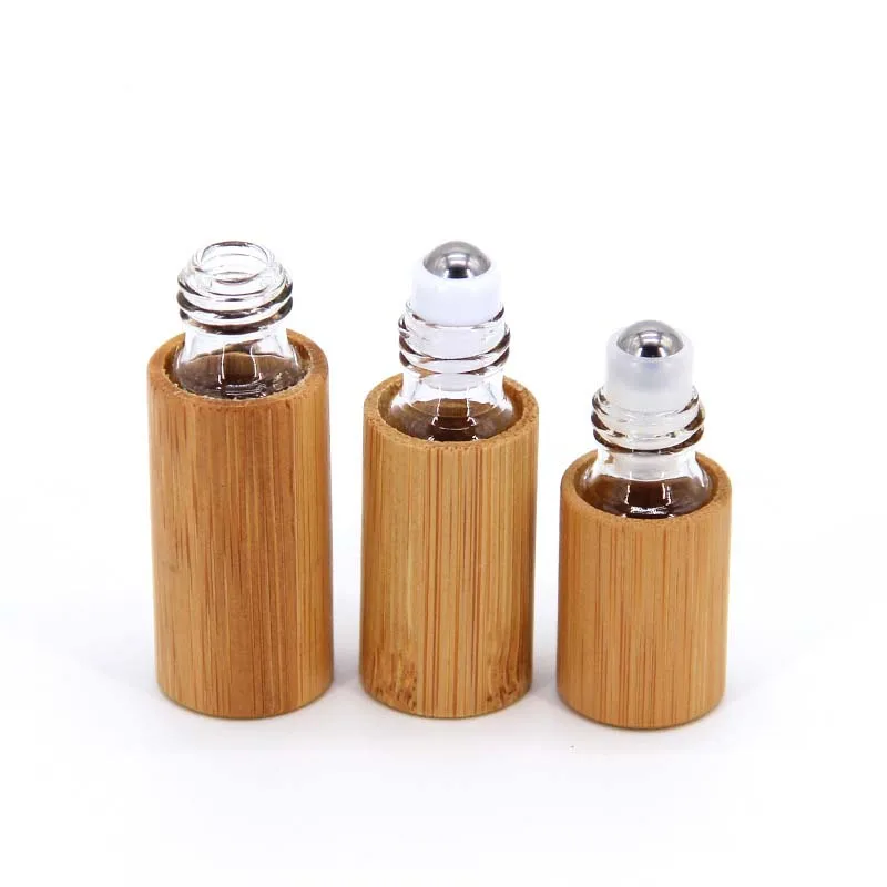 Botella de madera de bambú de 3ml, 5ml, 10ml, botella de aceite vacía para Perfume, rollo inoxidable en bola, botella de Perfume para aromaterapia, botella con rodillo de aceite