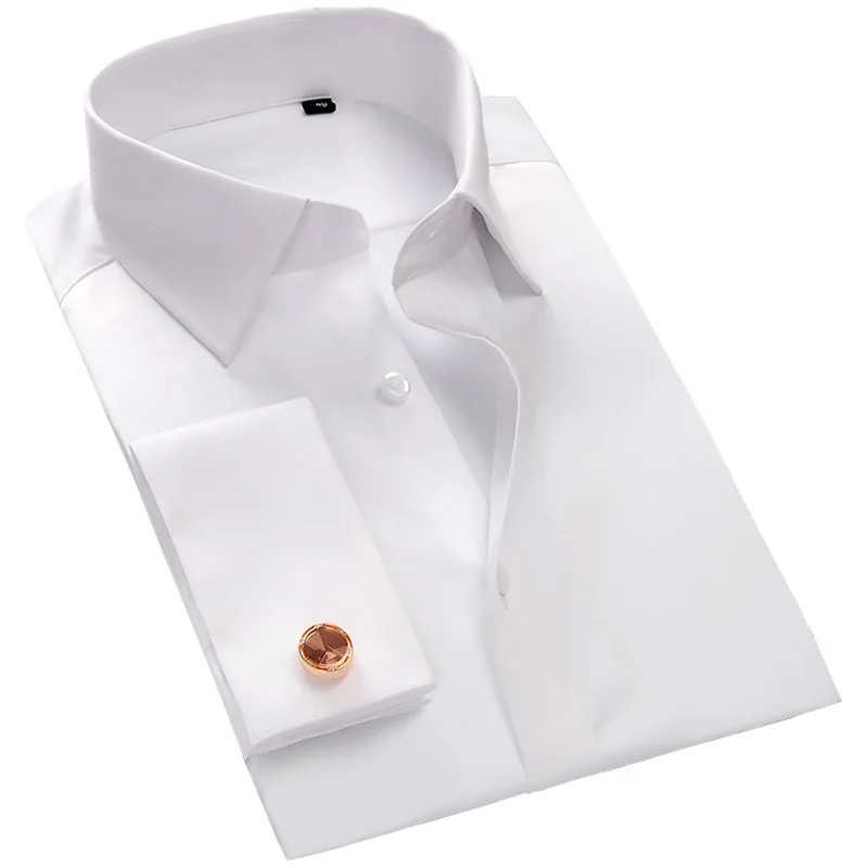 Camicie con bottoni con polsini francesi in cotone mercerizzato di lusso Camicia da smoking da uomo a maniche lunghe Camicia elegante di alta qualità con gemelli
