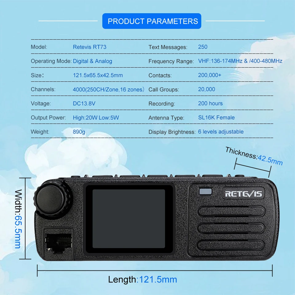 Ham Auto Two-way-Radio Transceiver Autoradio DMR Digitale Mobile Radio Station Bildschirm Retevis RT73 GPS UHF VHF 20W Fahrzeug Basis