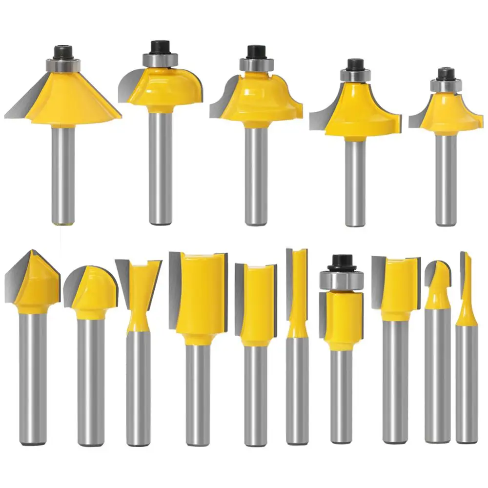 15pcs1/4 นิ้ว Router บิตชุดตัดตรงเครื่องตัดไม้ Bits ทังสเตนคาร์ไบด์ตัดไม้