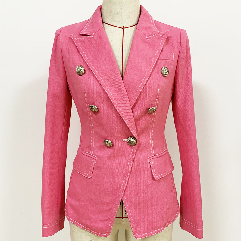 Blazer Desainer Bagus Terbaru Kualitas Tinggi Atasan Kancing Singa Berkancing Dua Baris Wanita Jahitan Jaket Blazer Denim Merah Muda Kontras