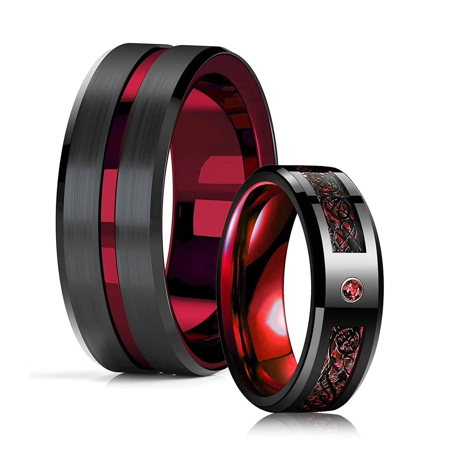 Anillos de dragón celta de acero inoxidable para hombres, anillo de fibra de carbono con incrustaciones de circón, borde biselado de ranura roja, banda de boda, moda, 8mm