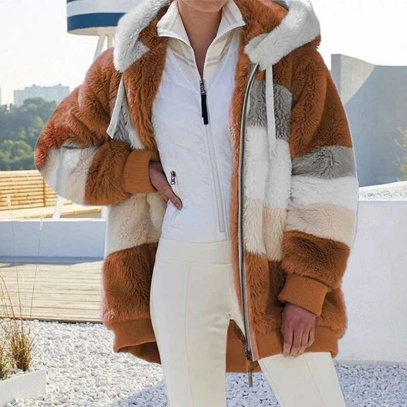 Abrigo holgado con capucha y bolsillo con cremallera para mujer, abrigo cálido de felpa con retales, otoño e invierno, 2021