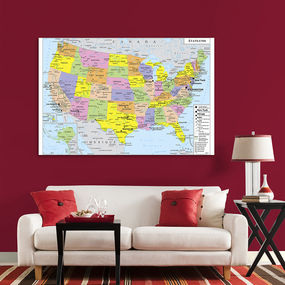 150*100Cm Hoa Kỳ Bản Đồ Chính Trị Mỹ Bản Đồ Treo Tường Poster Không Dệt Tranh Canvas Đồ Dùng Học Tập trang Trí Nhà Trong Tiếng Pháp
