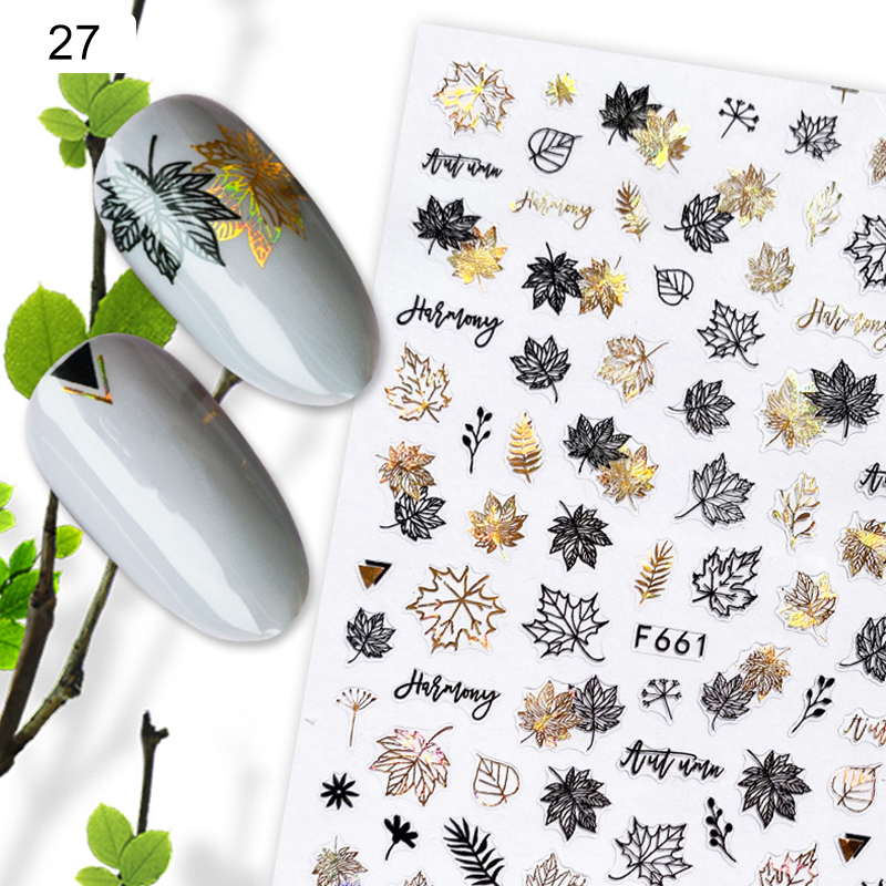 1 Vàng Đen Nám Lá Cây 3D Miếng Dán Móng Tay Ánh Kim Geometrics Đường Keo Chuyển Miếng Dán DIY Trang Trí Móng Tay