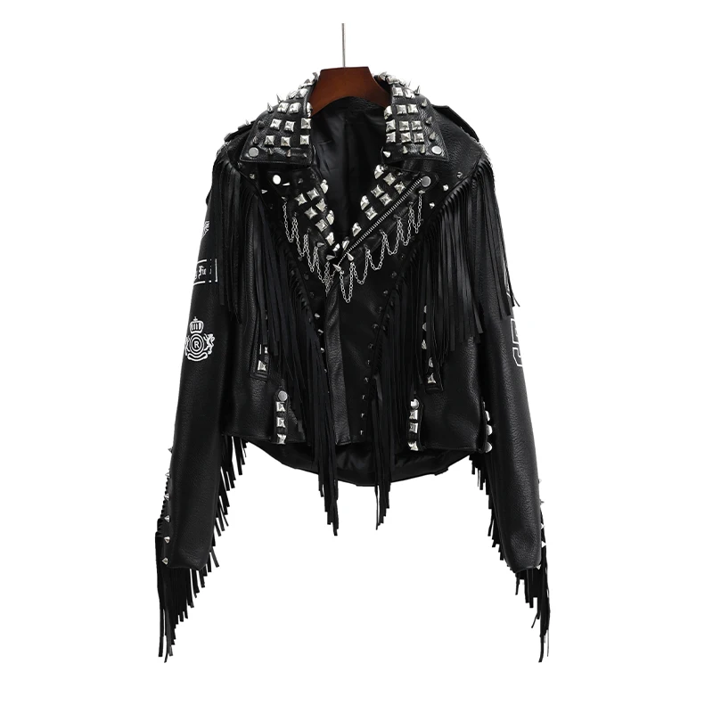 Winter pu leder jacke für frauen perlen niet quaste kette schwarz moto biker jacke weibliche straße hipster dünne kurze mäntel