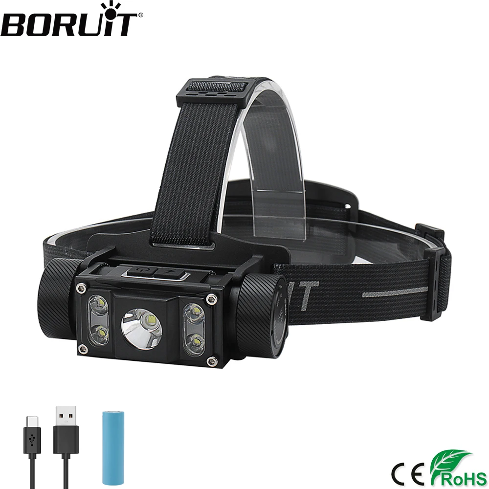 BORUiT Leistungsstarker LED-Scheinwerfer, 6000 lm, Scheinwerfer, Typ C, wiederaufladbar, 21700 Akku, Stirnlampe, wasserdichte Angellaterne