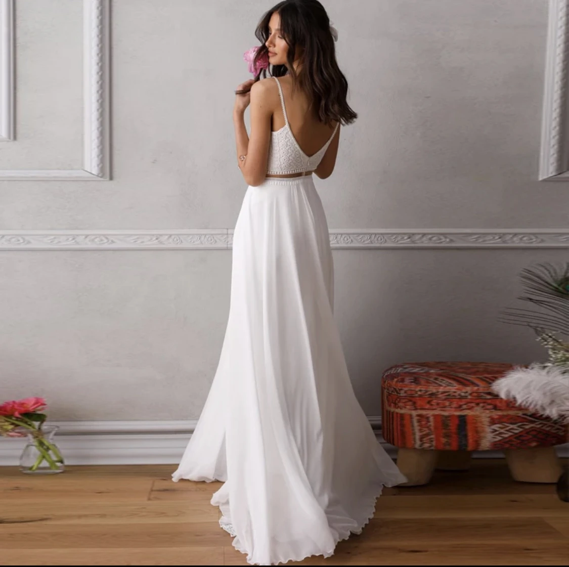 ที่กําหนดเองง่าย Boho ชุดแต่งงาน 2 ชิ้น A-Line สปาเก็ตตี้สายรัด Backless Elegant ชุดเจ้าสาว Vestidos 2025