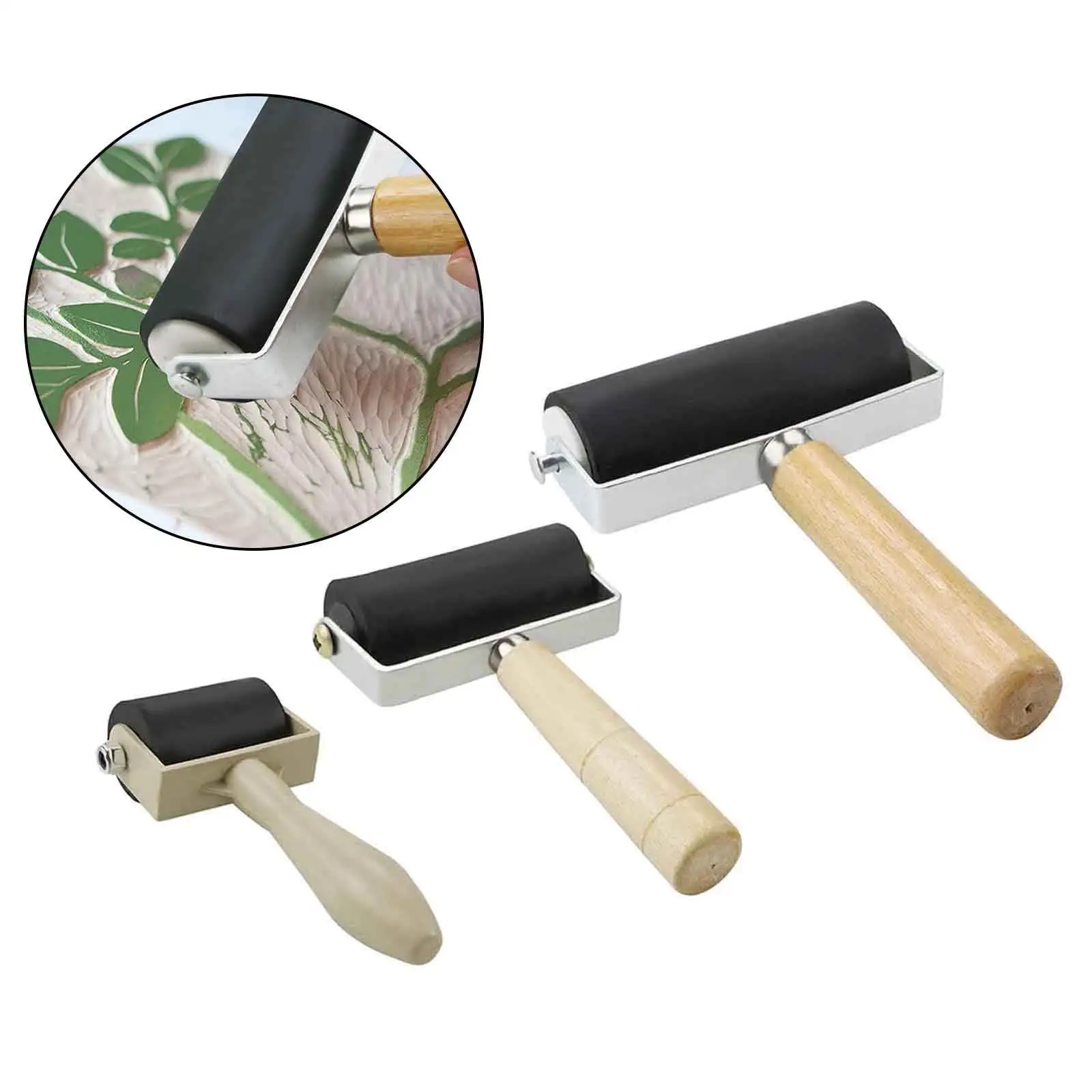 3Pcs ยาง Brayer Roller ไม้ Handle ภาพวาดหมึกปั๊มเครื่องมือศิลปะหัตถกรรมสำหรับแกะสลักพื้นผิววอลเปเปอร์พิมพ์