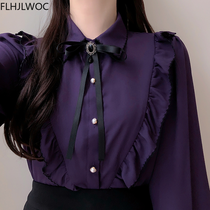 Babados femininos bonito laço topos estilo preppy vintage japonês coreia design botão elegante formal camisas brancas blusas