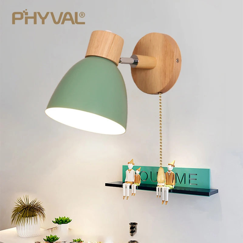 Lámpara de pared nórdica de madera con interruptor, aplique de pared moderno para dormitorio, sala de estar, iluminación del hogar, macarrón, cabezal de dirección de 6 colores E27