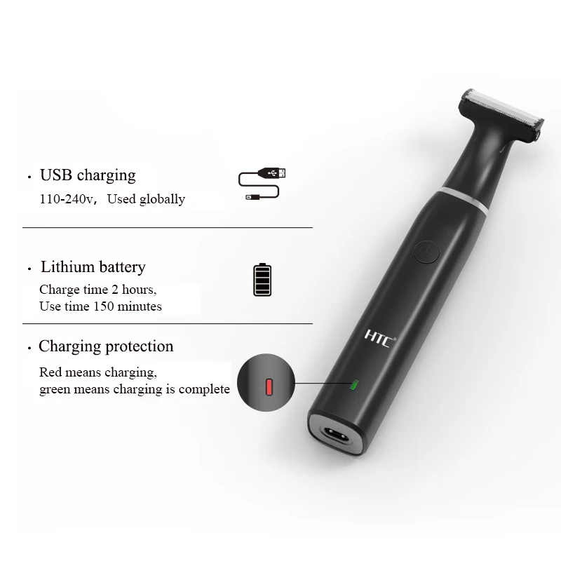 Cortadora de pelo eléctrica para la ingle HTC para hombres, cortadora de vello púbico, cortadora de aseo corporal para hombres, depiladora de Bikini, afeitadora recargable