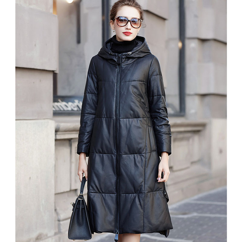 女性のための本革のコート,冬のジャケット,シープスキンの服,Aラインの十字架,長いフード付きコート,新しいコレクションkw28