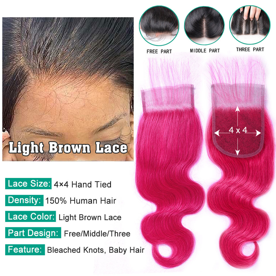 Sexay-クロージャー付きの自然な髪の3つのストリップのセット,28インチ,ブラジルの髪,波状,ピンク,事前に摘み取られた