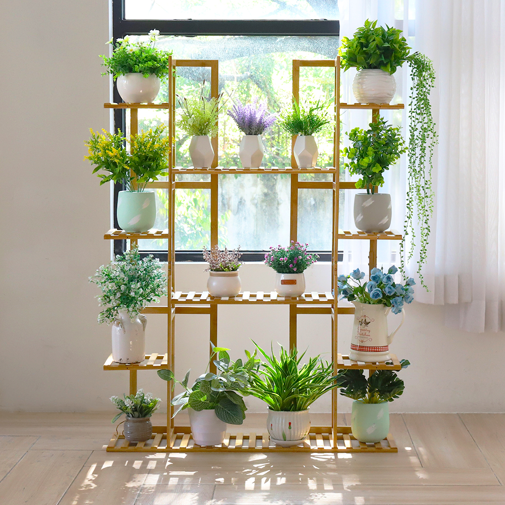 Bambu 17 Potted Plant Stand Rack Suporte de vaso múltiplo Prateleira interior e exterior Exposição de plantador Unidade de prateleiras para pátio 9 níveis