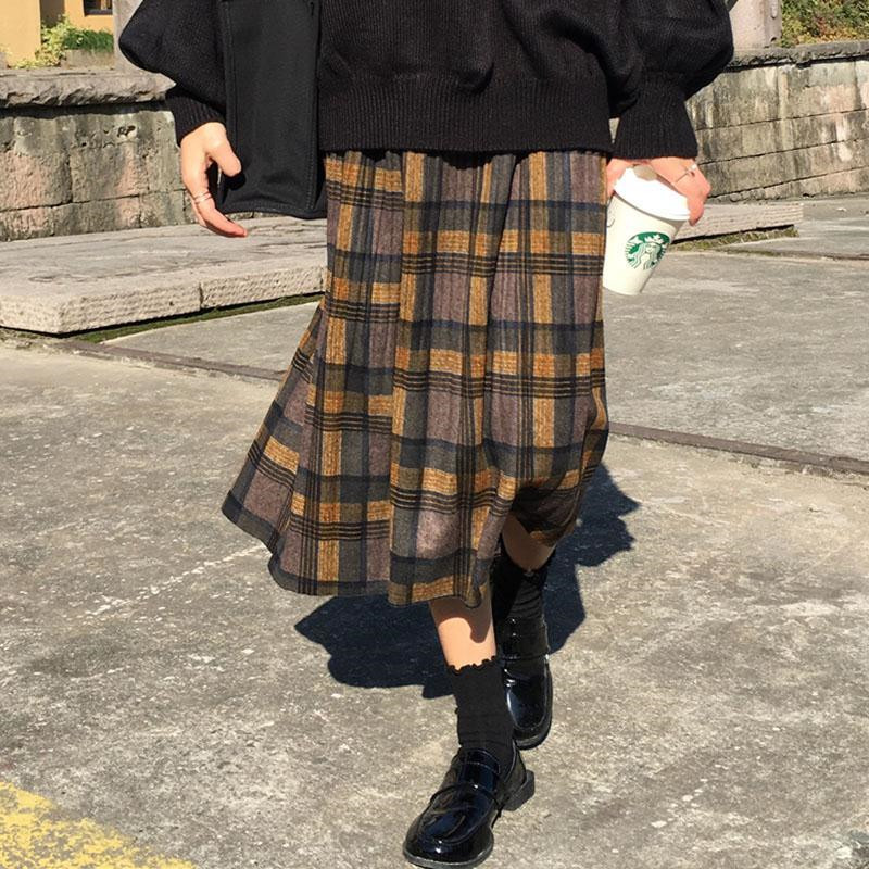 Vintage Wol Geplooide Geruite Rok Vrouwen Hoge Taille Plus Size Lange Rok 2022 Herfst Winter Harajuku Vrouwelijke Party Rok Streetwear