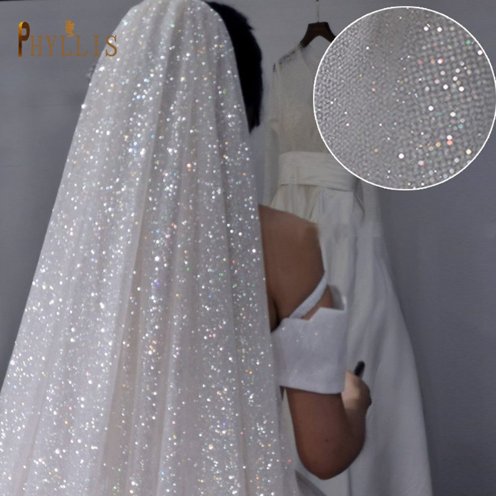 B58 สีขาวแชมเปญผ้าคลุมหน้างานแต่งงาน Bling ผ้าคลุมหน้าเจ้าสาวยาว 3 M/5 M Veil Cathedral เจ้าสาว Veils One ชั้นเงา Veil ด้วยหวี