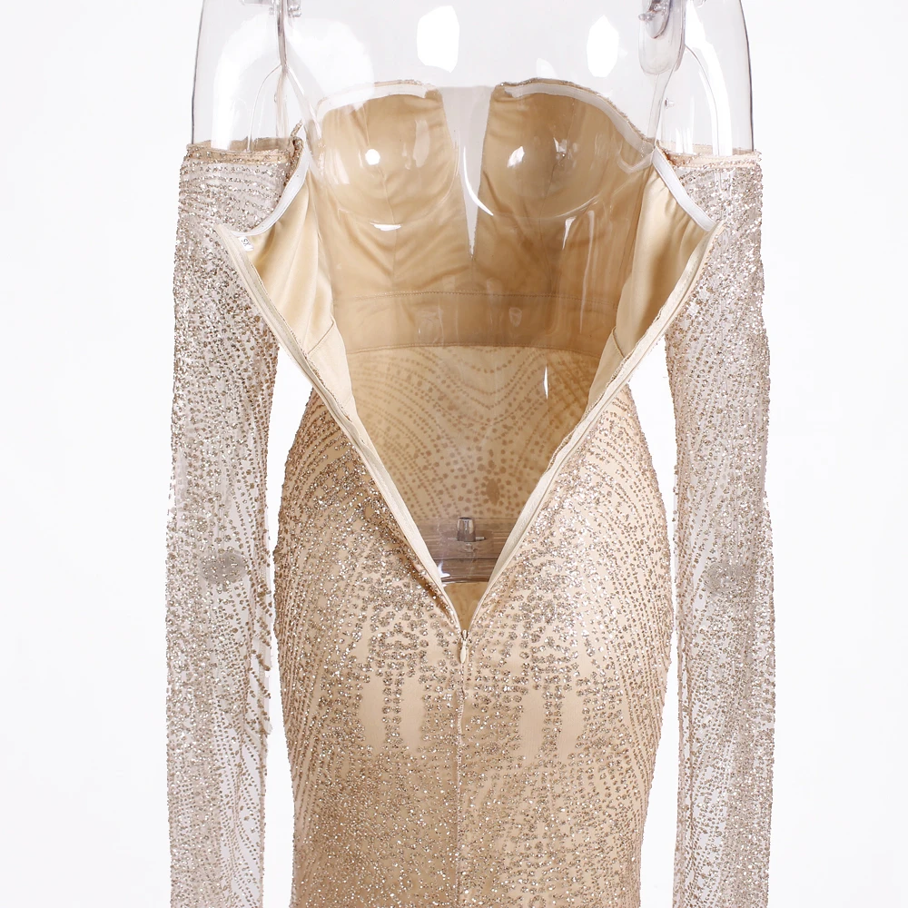 Boden Länge Hülse Promi Kleid Aushöhlen Weg Von Der Schulter Abendkleid Split Bein Gold Glitzerten Boot-ausschnitt Maxi Kleider