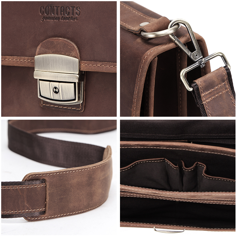 CONTACT'S-Bolso Retro para hombre, maletín de cuero Crazy Horse para ordenador portátil de 14 pulgadas, de gran capacidad, para negocios