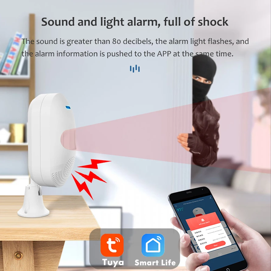 Tuya Wifi Sensor de movimiento Sensor PIR de cuerpo humano con alarma de sonido de sirena 80DB, aplicación Smart Life para sistema de alarma inteligente de automatización del hogar
