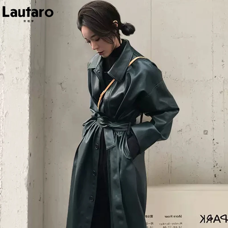 Lautaro-女性用ベルト付きロングブラックレザーPuコート,シンプルなボタンダウン,韓国のファッション,卸売り,服2022