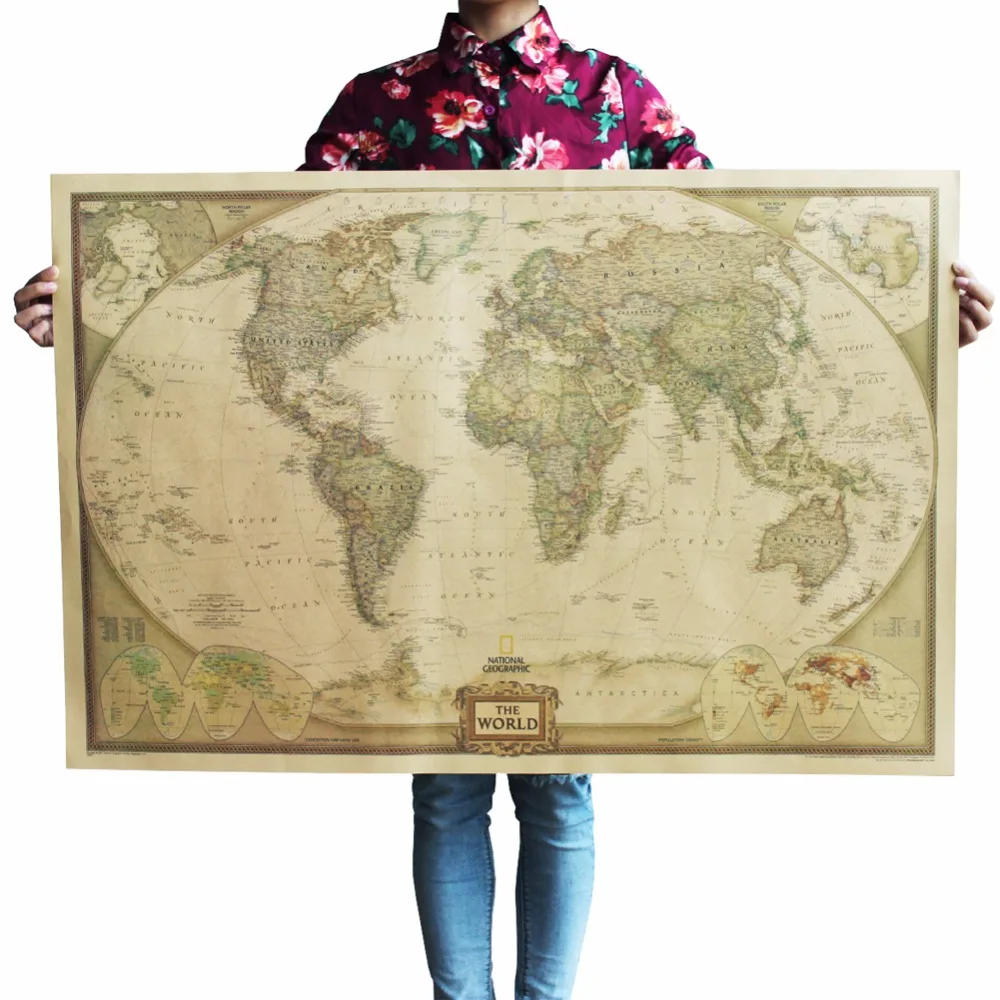 1 pieza de papel Kraft retro clásico The-World Map para la escuela y la oficina