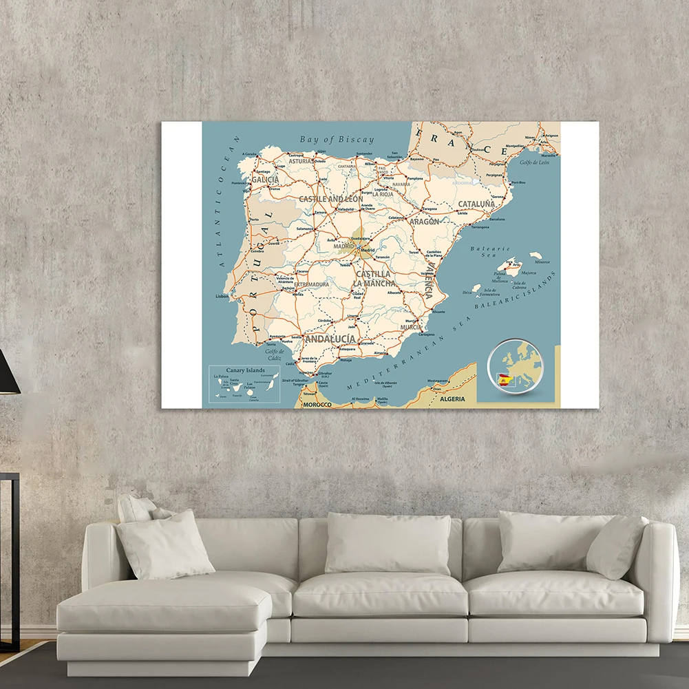 150*100 Cm Mạng Lưới Đường Bộ Bản Đồ Của Tây Ban Nha Trang Treo Tường Không Dệt Tranh Canvas Đồ Dùng Học Tập trang Trí Nhà Cửa