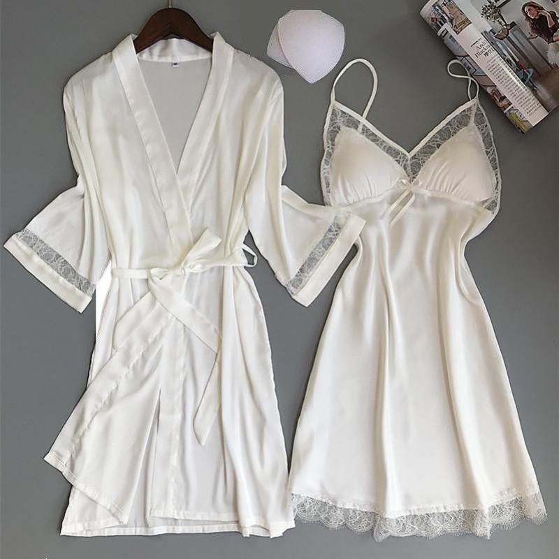 Sexy Frauen Rayon Kimono Bademantel WEIßE Braut Brautjungfer Hochzeit Robe Set Spitze Trim Nachtwäsche Casual Hause Kleidung Nachtwäsche