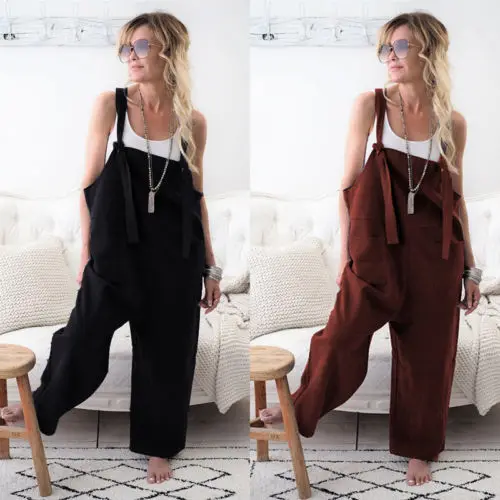 Nuevo Mono informal holgado con tirantes de pierna ancha para mujer, pelele con bolsillos lisos de lino y algodón, monos para mujer, monos de talla grande