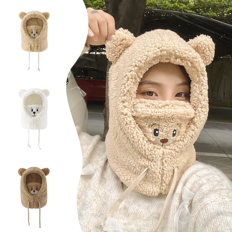 Cute Cartoon Bär Lamm Plüsch Warme Solide Panda Mützen Schal Set Maske Winter Kalten Verdickt Schutz Ohr Hut Für Frauen mädchen Geschenk