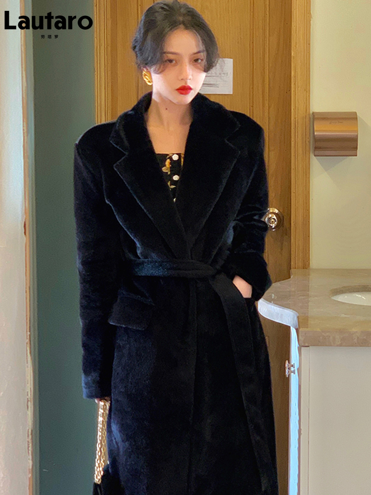 Lautaro Winter-Trenchcoat, übergroß, lang, schwarz, weich, Kunstfell, für Damen, langärmelig, Schärpen, lässig, stilvoll, koreanische Mode 2021