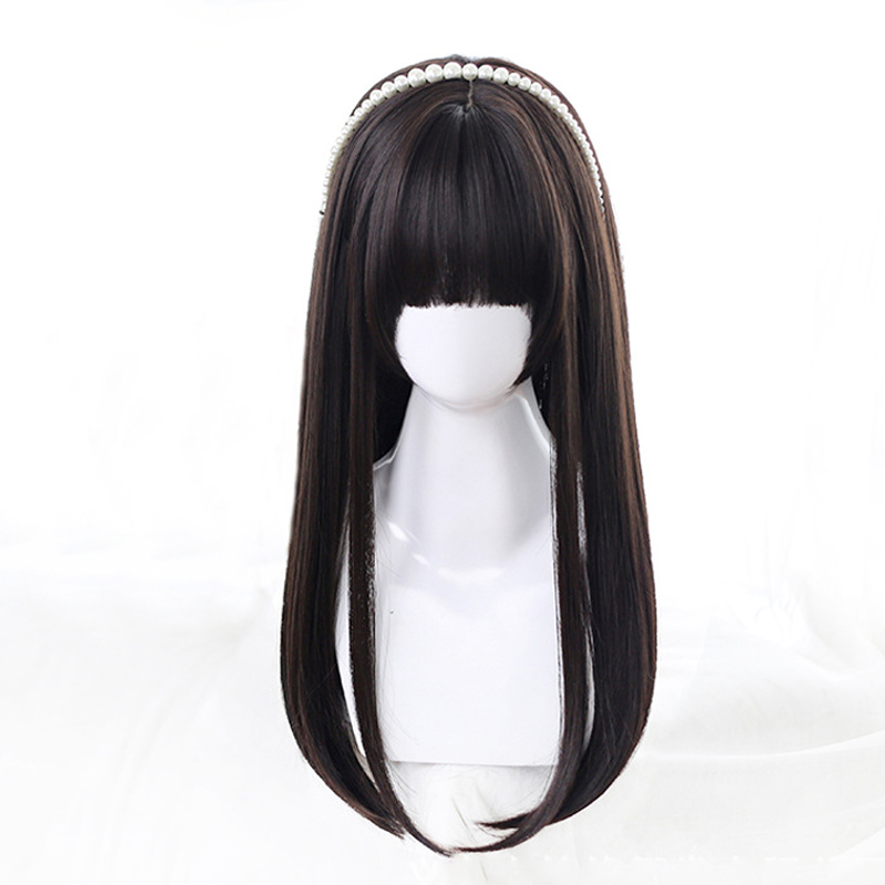 AOSI ผมยาวตรงสีดําสังเคราะห์ Lolita Wigs กับ Bangs สําหรับผู้หญิงแฟชั่นหญิงคอสเพลย์ปาร์ตี้คริสต์มาส Wigs