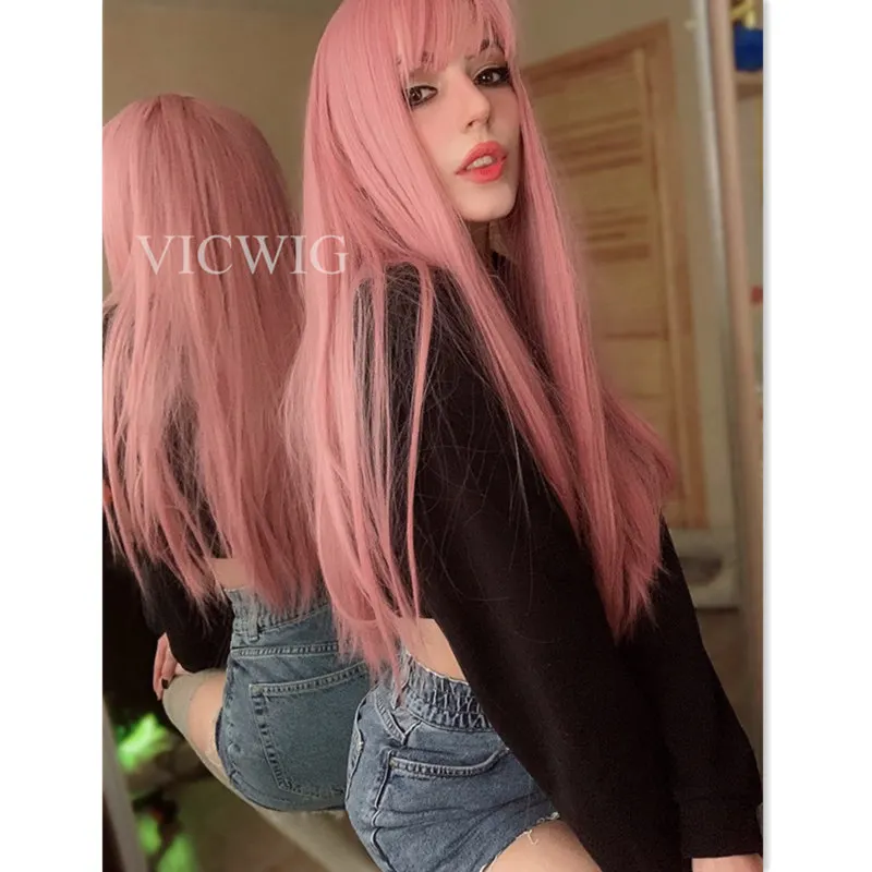 VICWIG-Peluca de Cosplay con flequillo para mujer, pelo lacio sintético, 24 pulgadas, largo, resistente al calor, color rosa