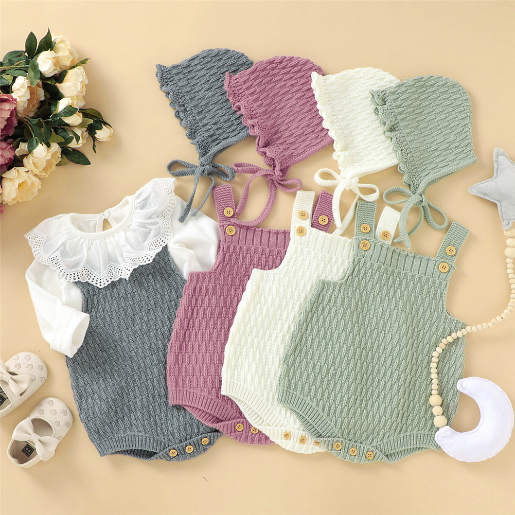 2 Bộ Bé Dệt Kim Romper Áo Liền Quần Áo Bộ Tam Giác Cotton Croptop Nút 1 Áo Liền Quần Đùi + Nón Tập Đi Cho Bé bé Trai Bé Gái Trang Phục